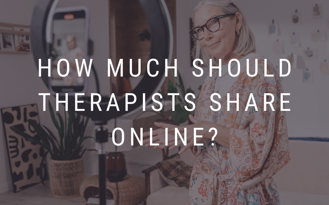how much should therapists share online? Image is of an older woman recording herself talking to her phone and using a ring camera for lighting.